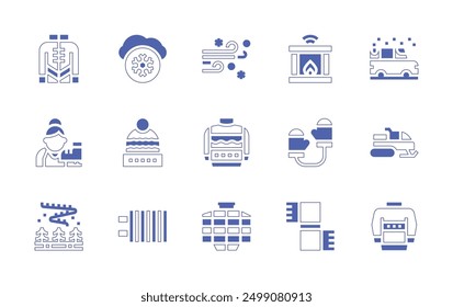 Winter icon set. Duotone style line stroke and bold. Vector illustration. Containing winterhat, snowmobile, radiator, car, scarf, jacket, sweater, fireplace, mittens, snow, wind.