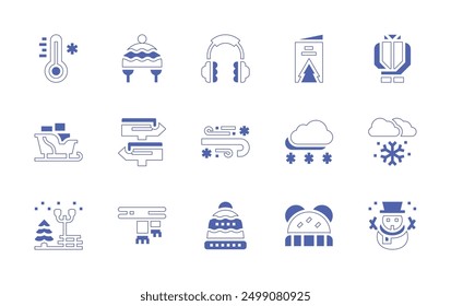 Winter icon set. Duotone style line stroke and bold. Vector illustration. Containing woolhat, sleigh, signpost, scarf, thermometer, beanie, snowflake, snow, hat, earmuffs, brochure, park.