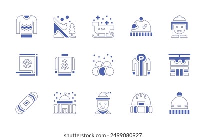 Winter icon set. Duotone style line stroke and bold. Vector illustration. Containing winterhat, beanie, avalanche, cityhall, sweater, coat, sled, snowball, boy, cablecar.