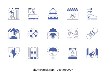 Conjunto de iconos de invierno. Estilo duotono trazo de línea y negrita. Ilustración vectorial. Contiene sombrero de invierno, invierno, botas de esquí, estalactita, equipos de esquí, árbol de Navidad, iceberg, edificios, avalancha.