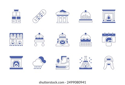 Winter icon set. Duotone style line stroke and bold. Vector illustration. Containing winterhat, winter, avatar, snowy, vest, icicle, chimney, museum, beanie, teepee, snowboard.