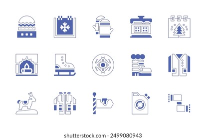 Winter icon set. Duotone style line stroke and bold. Vector illustration. Containing winterhat, winter, reindeer, gloves, house, boot, snowflake, fireplace, iceskate, raincoat, defroster, signpost.