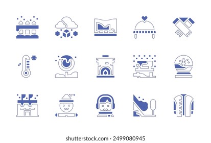 Winter icon set. Duotone style line stroke and bold. Vector illustration. Containing winter, cardigan, snowglobe, roadsign, bench, boy, gingerbreadman, avalanche, fireplace, stadium.