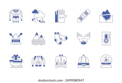 Winter icon set. Duotone style line stroke and bold. Vector illustration. Containing winterhat, glove, deer, christmassweater, jacket, sleigh, snowboard, socks, beanie, mountain, snowfall.