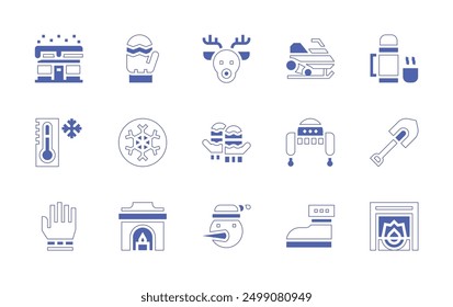 Winter icon set. Duotone style line stroke and bold. Vector illustration. Containing winterhat, snowmobile, snowflake, snowman, mittens, valenki, gloves, thermos, fireplace, deer, shovel.