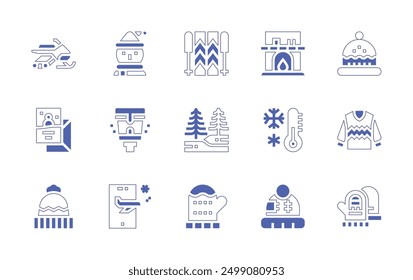 Winter icon set. Duotone style line stroke and bold. Vector illustration. Containing winterhat, streetlight, forest, snowman, ski, glove, fireplace, cold, beanie, snowmobile, card, travel.