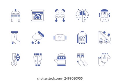 Conjunto de iconos de invierno. Estilo duotono trazo de línea y negrita. Ilustración vectorial. Contiene sombrero de invierno, sombrero, nieve, pantalones, chimenea, termómetro, calcetines, bota, manopla, paraguas, gafas, suéter.