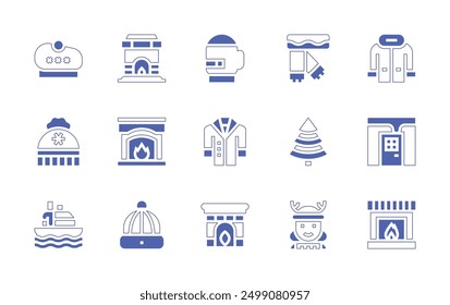 Winter icon set. Duotone style line stroke and bold. Vector illustration. Containing winterhat, hat, beanie, hoodie, fireplace, glove, coat, door, girl, scarf, pine, transatlantic.