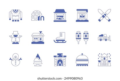 Winter icon set. Duotone style line stroke and bold. Vector illustration. Containing winterhat, snowshoes, igloo, iceskate, snowman, tree, fireplace, sweater, house, postbox.