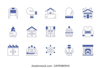 Winter icon set. Duotone style line stroke and bold. Vector illustration. Containing winterhat, winter, mittens, snowflake, pinetree, raincoat, market, mountain, snow, scarf, skiing.