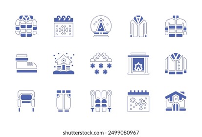 Winter icon set. Duotone style line stroke and bold. Vector illustration. Containing winterhat, winter, jacket, shoes, ski, snowfall, snowball, calendar, joggerpants, fireplace, house.