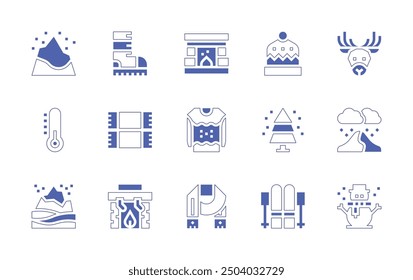 Winter icon set. Duotone style line stroke and bold. Vector illustration. Containing beanie, scarf, pinetree, thermometer, skiing, fireplace, jumper, scarfs, mountain, boot.