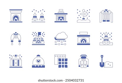 Winter icon set. Duotone style line stroke and bold. Vector illustration. Containing beanie, igloo, shovel, fireplace, denimjacket, pine, jacket, cloth, hail, forest, streetsign.