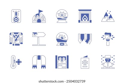 Winter icon set. Duotone style line stroke and bold. Vector illustration. Containing directionalsign, thermometer, igloo, stalagmite, snowball, leather, streetlight, mountain, fireplace.