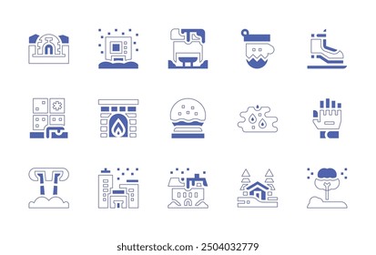 Winter icon set. Duotone style line stroke and bold. Vector illustration. Containing city, igloo, fireplace, crash, house, busstop, window, snowball, vendingmachine.