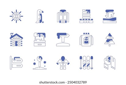 Winter icon set. Duotone style line stroke and bold. Vector illustration. Containing fir, scarf, panel, oilskin, coat, log, skiing, penguin, officebuilding, trafficsign, stall, sweater.