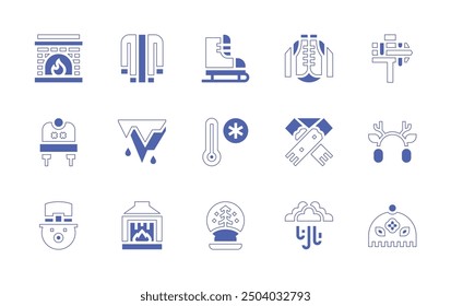 Winter icon set. Duotone style line stroke and bold. Vector illustration. Containing cap, stalactite, signal, jacket, chimney, blizzard, earmuffs, snowball, iceskate, scarf, thermometer.