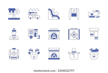 Winter icon set. Duotone style line stroke and bold. Vector illustration. Containing chullo, chimney, snowavalanche, snowman, fireplace, snowbike, deer, scarf, calendar.