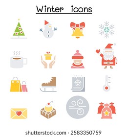Winter icon set in flat color style