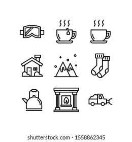 Winter icon set = goggles, hot tea, coffee, home,  mountains, socks, kettle, fireplace and snow truck