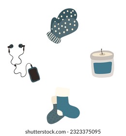 Icono de invierno con guantes de jugador de calcetines dibujados a mano y vela