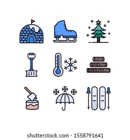 Winter icon set = Igloo, Ice Skating, Christmas Tree, Shovel, Thermometer Cold, Woods, Hummer, Snow Rainy and Ski