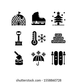 Winter icon set = Igloo, Ice Skating, Christmas Tree, Shovel, Thermometer Cold, Woods, Hummer, Snow Rainy and Ski