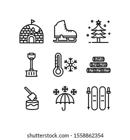 Winter icon set = Igloo, Ice Skating, Christmas Tree, Shovel, Thermometer Cold, Woods, Hummer, Snow Rainy and Ski