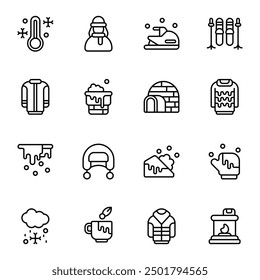 Winter icon set. Includes avalanche, coat, hail, glove, jet sky, sky, and More. Outline icons vector collection.
