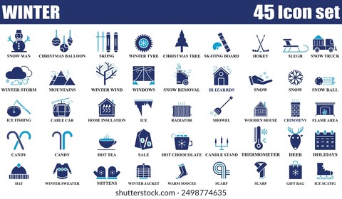 Winter icon set isolated on white background. Editable colorful 45 Icons of Cool Weather in fill style. Cloudy sky, snowflake, storm icons, Blizzard, Low temperature