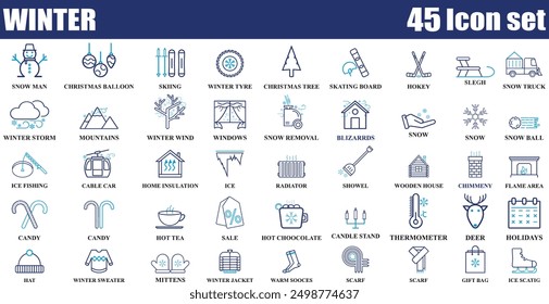 Winter icon set isolated on white background. Editable colorful 45 Icons of Cool Weather in line style. Cloudy sky, snowflake, storm icons, Blizzard, Low temperature