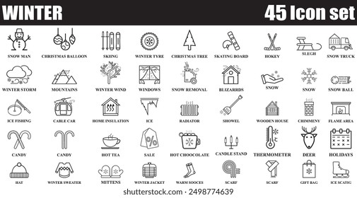 Winter icon set isolated on white background. Editable Black and white 45 Icons of Cool Weather in line style. Cloudy sky, snowflake, storm icons, Blizzard, Low temperature