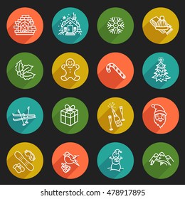Winter icon set. 
Line icons in colorful circles about winter holidays, weather, recreations.