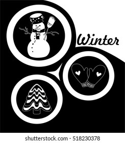Winter icon set with snowman, glove and christmas tree