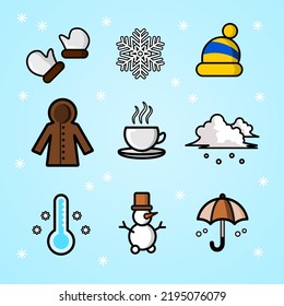 Juego de iconos de invierno con golpe, con 9 íconos: guantes de invierno, copos de nieve, sombrero de invierno, Abrigo, café caliente, nubes de invierno, temperatura fría, hombre de nieve, paraguas