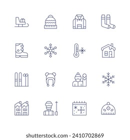 Winter icon set. Thin line icon. Editable stroke. Containing sleigh, hoodie, ski boots, cold, skiing, cap, winter, winter socks, winter hat, snowboarder, house, ski, beanie, snowflake.