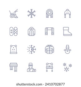 Winter icon set. Thin line icon. Editable stroke. Containing snow, scarf, snowboard, beanie, jacket, winter scarf, winter hat, snowflake, tourist, snowman, coat, boots, season.