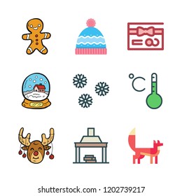 winter icon set. vector set about snow globe, winter hat, fox and reindeer icons set.