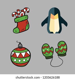 winter icon set. vector set about christmas sock, penguin, mittens and bauble icons set.