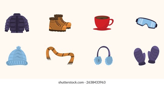 Winter icon set vector illustration featuring cozy hats, scarves, gloves, jackets, boots, and more. Perfect for seasonal designs, apps, websites, and winter-themed projects with clean, modern style.