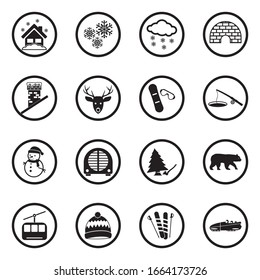 Winter Icons. Black Flat Design In Circle. Vector Illustration.