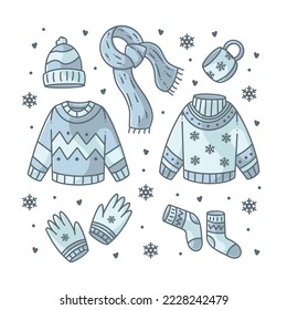 Wintersymbole Kleidung handgezeichnet Doodle Vollfarbe