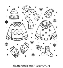 Winter icons clothes hand-drawn doodle coloring