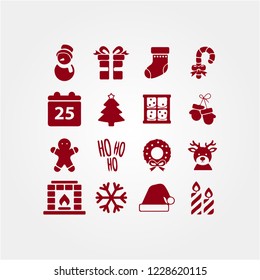 Winter icons collection. Christmas, Happy New Year. Set of holidays symbols, elements. Vector monochrome silhouette illustration.