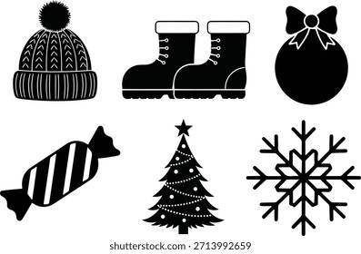 Winter icons collection featuring a knitted pompom hat sturdy boots a decorative ornament a wrapped candy a lit Christmas tree and a detailed snowflake all presented in a stark black silhouette style