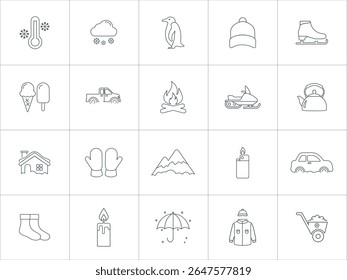 Winter Icons. Collection of Winter Icons in Line Style. include snow, ice skates, penguin,
warm clothes, fire. winter-related icons.