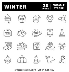 Winter icons collection. Winter vector elements. Snowflake, snow, ski, Christmas, season, New Year, holidays, winter related thin line icons. Editable stroke