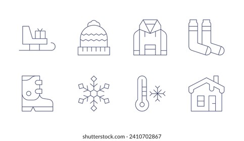 Iconos de invierno. Trazo editable. Con trineo, hoodie, botas de esquí, sombrero de invierno, calcetines de invierno, casa, copo de nieve.