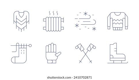 Iconos de invierno. Trazo editable. Conteniendo poncho, blizzard, radiador, jersey, calcetín, bastones de esquí, guantes, patinaje sobre hielo.