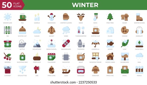 Winter icons in flat style. Snowflake, tea, sweater. Flat icons collection. Holiday symbol. Vector illustration